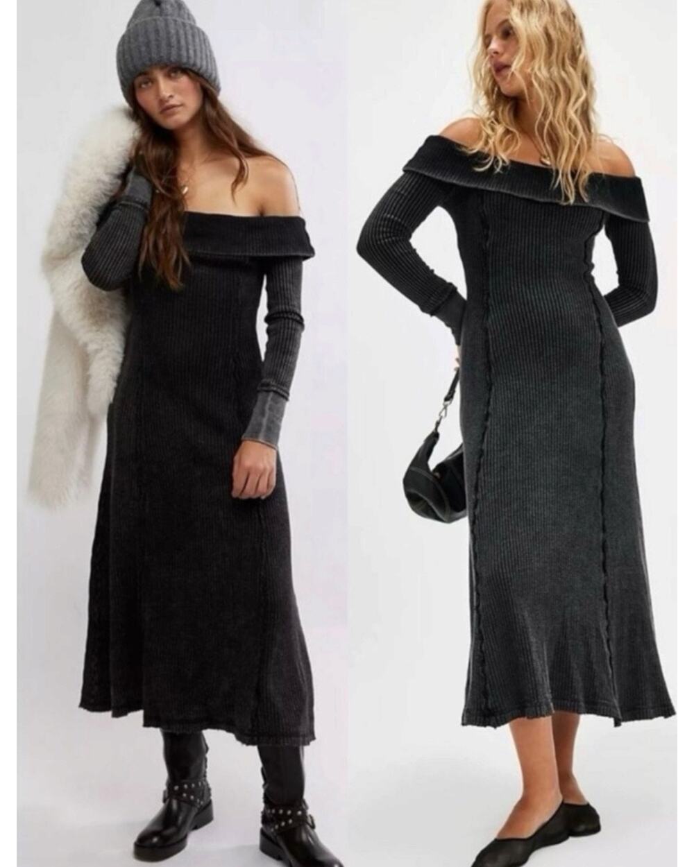 Free People Grunge 90s Witchy Monty Thermal Midi Dress Washed Black Size Small